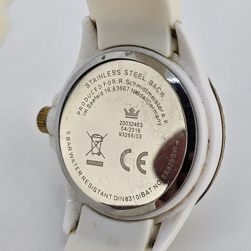 35MM Women Watch White Dial‎ Gold Bezel White Plastic Band Straps New Battery